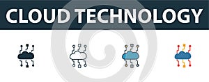 Cloud Technology icon set. Four simple symbols in diferent styles from web hosting icons collection. Creative cloud technology