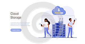 Cloud technology illustration concept. People exchanging files via Internet. Cloud service, online data storage and