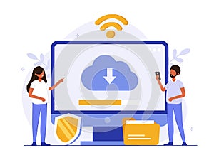 Cloud technology illustration concept. People exchanging files via Internet. Cloud service, online data storage and