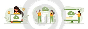 Cloud technology illustration concept set. People exchanging files via Internet. Cloud service, online data storage and