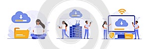 Cloud technology illustration concept set. People exchanging files via Internet. Cloud service, online data storage and