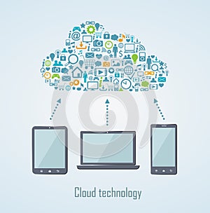 Cloud technology illustration with laptop phone and tablet