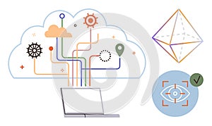 Cloud technology integration with AI analysis, data flow, and geometric visualization concepts