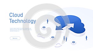 Cloud technology. Isometric cloud storage sign with two arrows up and down. Cloud computing, big data center, future