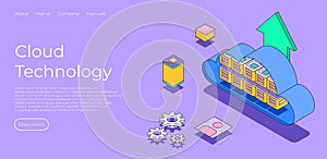 Cloud technology isometric landing page. Server connection concept. Files upload service. Cloud technology. computing. Devices