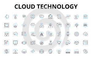 Cloud technology linear icons set. Scalability, Virtualization, Automation, Efficiency, Security, Flexibility, Cloud