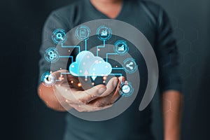 cloud technology.man hold icon cloud computing diagram. data storage.secure backup and consistency networking and internet service