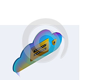 Cloud Technology and network security computing isometric concept. Vector illustration with blue cloud login password input form