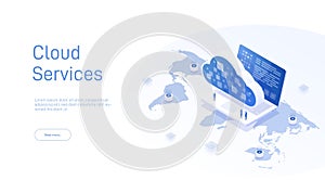 Cloud technology and networking isometric concept. Hosting servers or datacenter background. Cloud storage download