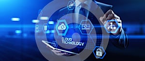 Cloud technology networking processing data storage. Businessman pressing button on screen