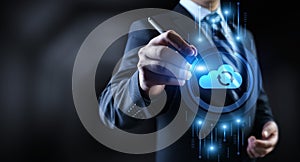 Cloud technology networking processing data storage. Businessman pressing button on screen