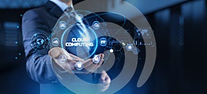 Cloud technology networking processing data storage. Businessman pressing button on screen