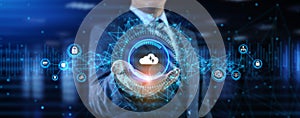 Cloud technology networking processing data storage. Businessman pressing button on screen