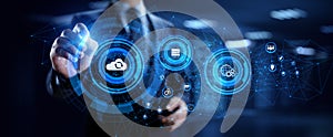 Cloud technology networking processing data storage. Businessman pressing button on screen