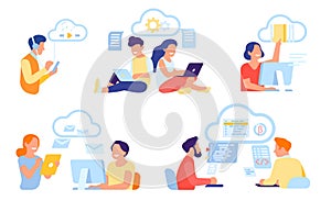 Cloud technology with people and business team. Information storage service. Wireless connection. Digital computing