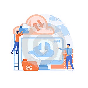 Cloud technology. People storing data on cloud server.