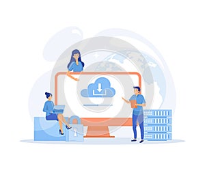 Cloud technology. People storing data on cloud server. cloud computing,