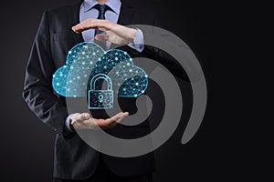 Cloud technology. Polygonal wireframe cloud storage sign with padlock on dark blue. Cloud computing, big data center, future