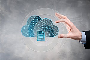 Cloud technology. Polygonal wireframe cloud storage sign with document icon on dark blue. Cloud computing, big data center, future