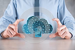 Cloud technology. Polygonal wireframe cloud storage sign with document icon on dark blue. Cloud computing, big data center, future