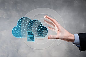 Cloud technology. Polygonal wireframe cloud storage sign with document icon on dark blue. Cloud computing, big data center, future