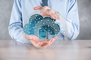 Cloud technology. Polygonal wireframe cloud storage sign with document icon on dark blue. Cloud computing, big data center, future