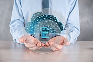 Cloud technology. Polygonal wireframe cloud storage sign with document icon on dark blue. Cloud computing, big data center, future