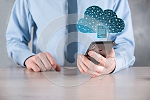 Cloud technology. Polygonal wireframe cloud storage sign with document icon on dark blue. Cloud computing, big data center, future