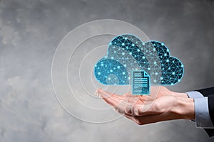 Cloud technology. Polygonal wireframe cloud storage sign with document icon on dark blue. Cloud computing, big data center, future