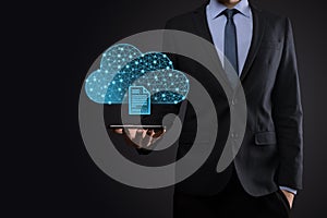 Cloud technology. Polygonal wireframe cloud storage sign with document icon on dark blue. Cloud computing, big data center, future