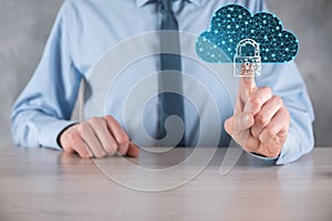 Cloud technology. Polygonal wireframe cloud storage sign with padlock on dark blue. Cloud computing, big data center, future