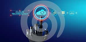 Cloud technology service. Data storage and computing. Internet concept. Robotic arm 3d rendering.