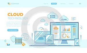 Cloud Technology Services Data Center Connection Hosting Server Database Synchronize Storage Login page and password on monitor