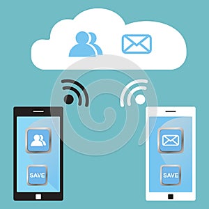 Cloud technology. white and black smart phones store data in the