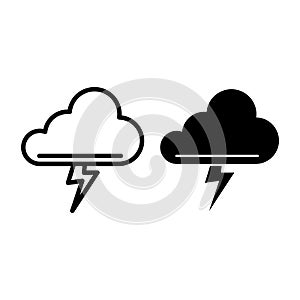 Cloud and thunderstorm line and glyph icon. Lightning bolt in cloud vector illustration isolated on white. Storm outline