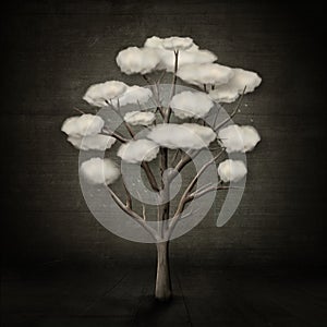 Cloud tree with raindrops on grungy background