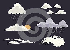 Cloud types vector set on dark background with different nature states. Storm, cloudscape, sun, rain with top