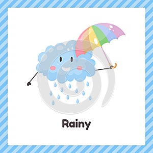 Cloud with umbrella. Cute weather rainy for kids. Flash card for learning with children in preschool, kindergarten and