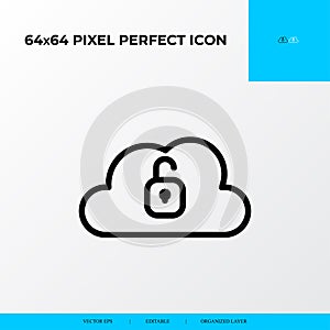 Cloud unlocked vector line icon style. security and private file icon. 64x64 Pixel perfect