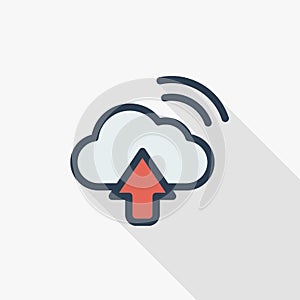 Cloud upload, computer technology thin line flat color icon. Linear vector symbol. Colorful long shadow design.