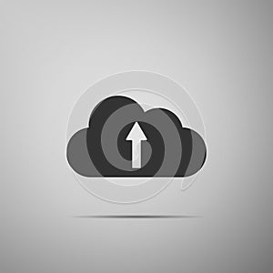 Cloud upload icon isolated on grey background. Flat design