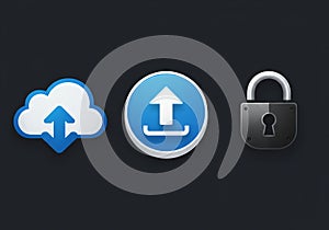 Cloud upload icon, upload button, and padlock on a dark background