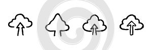 Cloud Upload Line Icon Set In Doodle Style. Data Storage, File Sharing, And Cloud Computing Outline Sketch Collection