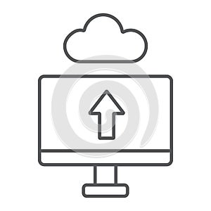 Cloud upload thin line icon, technology and system, data transfering sign, vector graphics, a linear pattern on a white