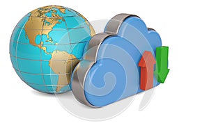 Cloud uploading and gold globe on white background.3D illustration.