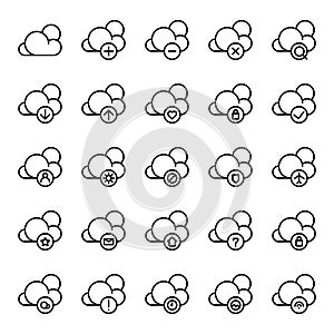 Cloud User interface icon set include plus,minus,cross,search,download,upload,hearth,lock,check,user,setting,block,secure,airplane
