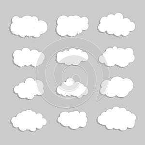 Cloud vector icon set. White clouds with shadow on gray background