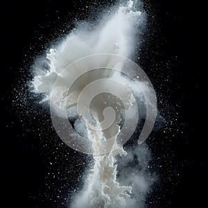 A cloud of white powder exploding against a black background