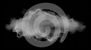 A cloud of white smoke is set against a black background. The smoke forms a