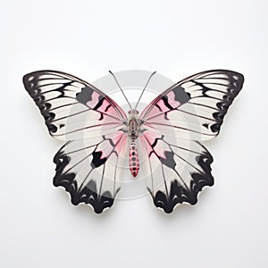 Clouded Apollo Butterfly: White, Pink, And Black Wings On Blank White Background photo